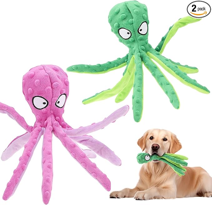 2 Pcs Octopus Dog Toys, No Stuffing Squeaky Dog Toys Chew Toys for Dogs Puppy Toys Indestructible Dog Toy for Small & Medium & Large Dogs (Blue,Purple)