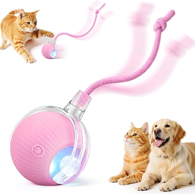 Smart Interactive Automatic Electric Rolling Moving Rechargeable Motion Activated Self Solo Play Electronic Stimulation Chase Teaser Ball Toy with Rope for Indoor Bored Adult Cat and Dog, Red