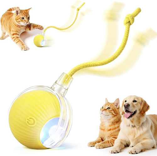 Smart Interactive Automatic Electric Rolling Moving Rechargeable Motion Activated Self Solo Play Electronic Stimulation Chase Teaser Ball Toy with Rope for Indoor Bored Adult Cat and Dog, Red
